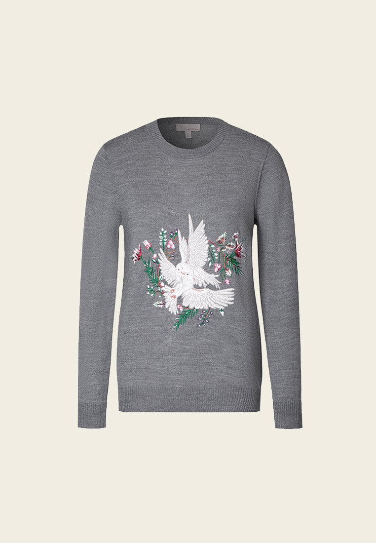 Grey Wool Embroidered Sweater - MOISELLE