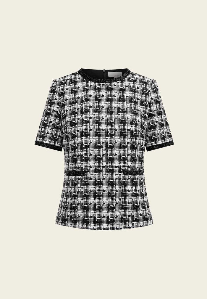 Tweed Plaid Pattern Stand Collar Top - MOISELLE