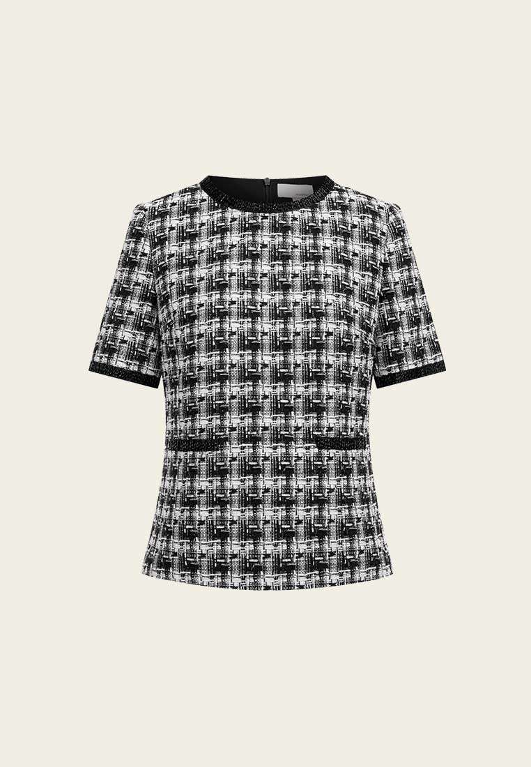 Tweed Plaid Pattern Stand Collar Top - MOISELLE