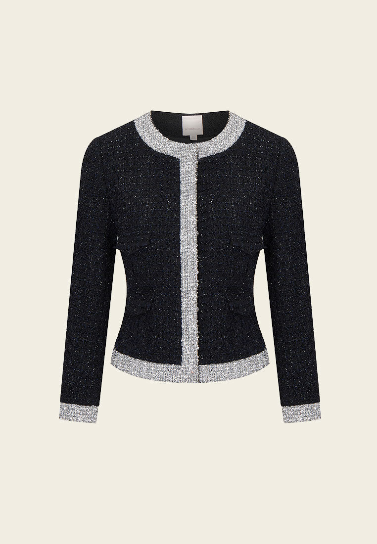 Black and Silver Detailing Tweed Jacket - MOISELLE