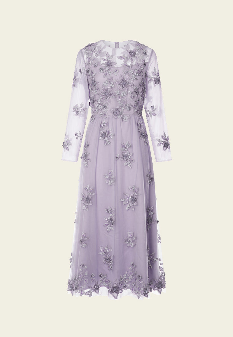 Purple 3D Floral Embellished Dinner Dress - MOISELLE