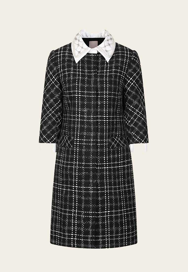 Beaded White Lapel Black Tweed Dress - MOISELLE