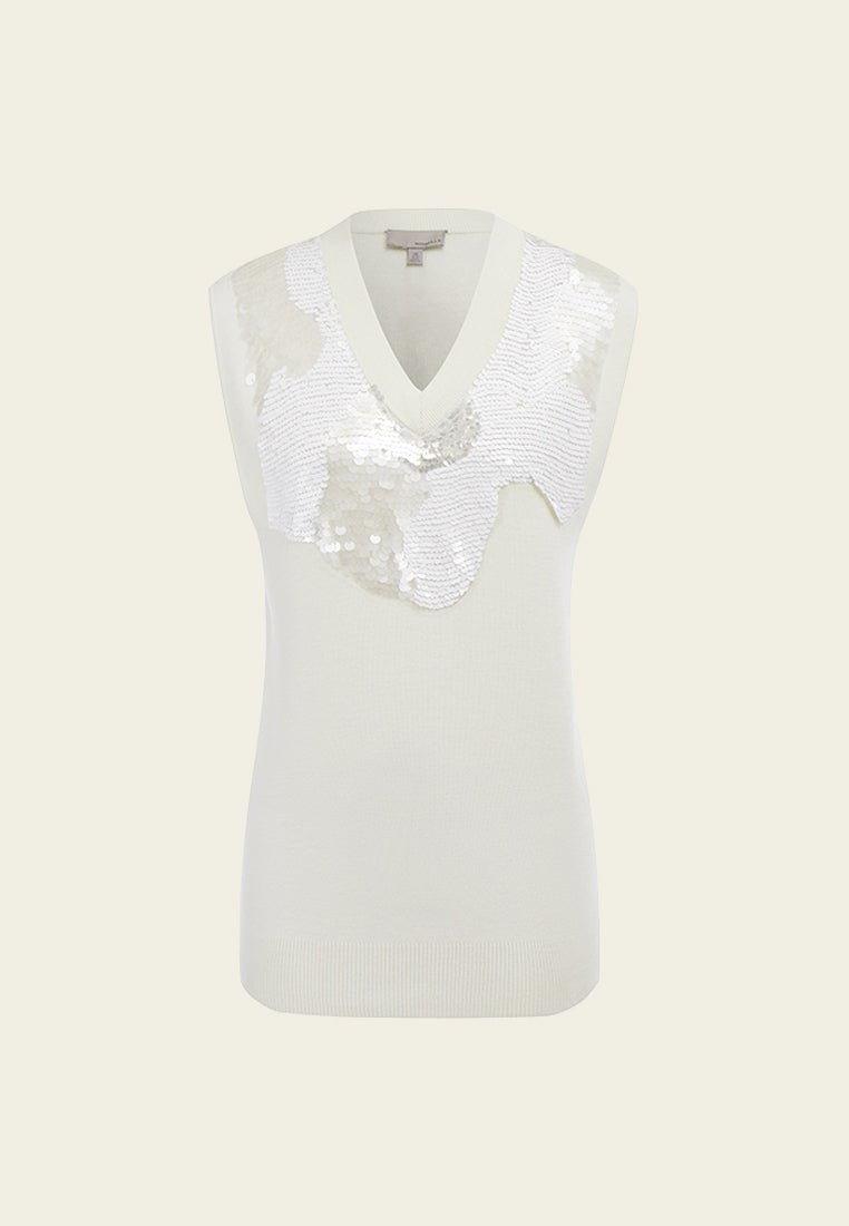 White Sequin Wool Knit Vest - MOISELLE