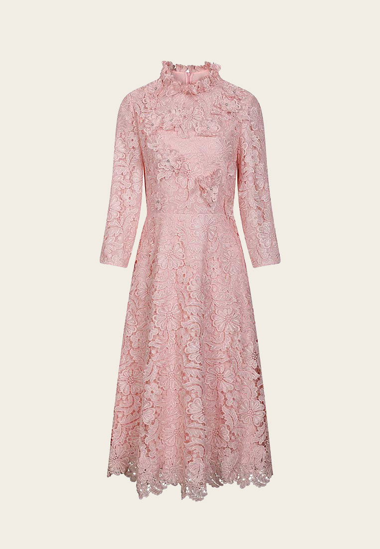 Pink Embellished Floral Lace Evening Dress - MOISELLE