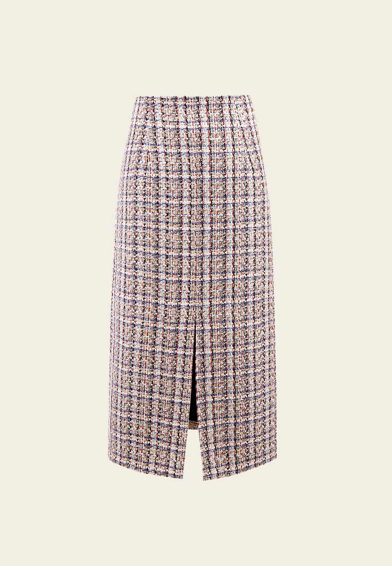 Mixed Tweed Lapel Calf Length Slit Skirt - MOISELLE