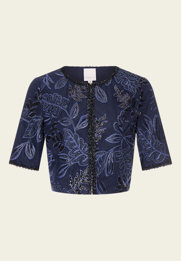 Dark Blue Embroidered Mesh Mid-sleeves Crop Jacket