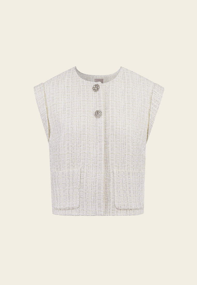 Cream Sequins Cap-sleeved Tweed Vest - MOISELLE
