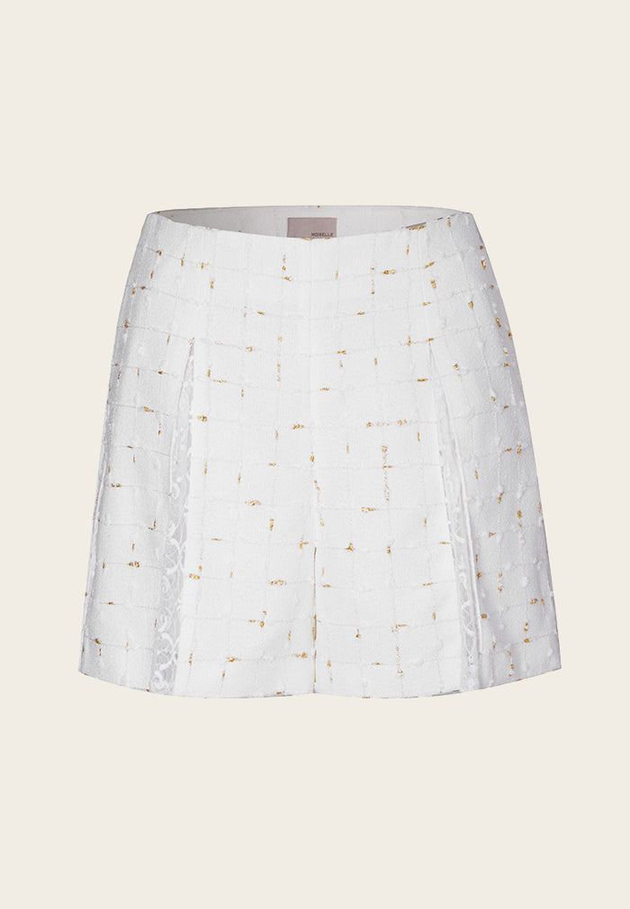 Golden Detail White Tweed Shorts - MOISELLE
