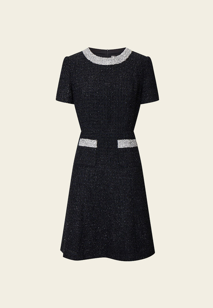 Black and Silver Detailing Tweed Dress - MOISELLE