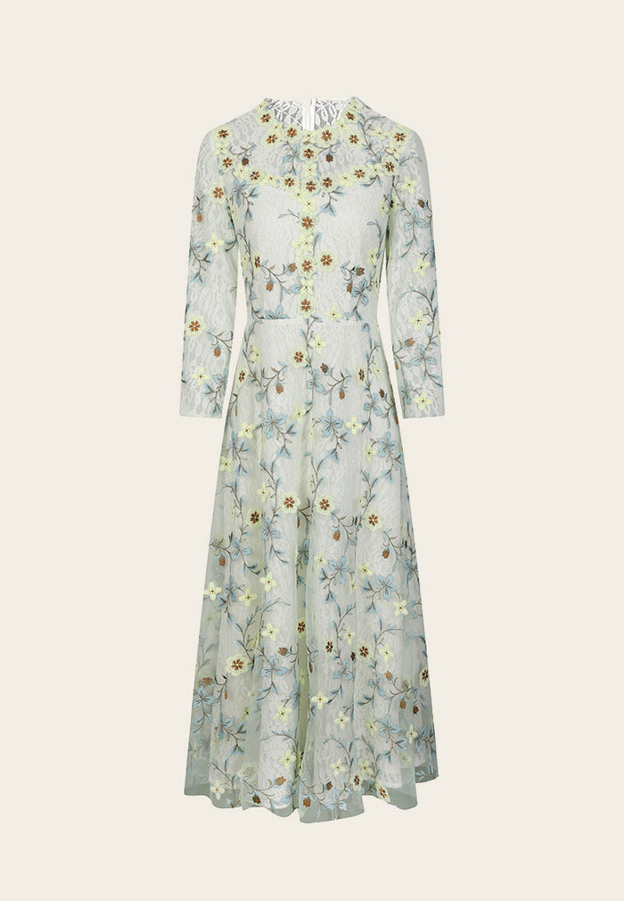 Floral Embroidered Long Sleeve Evening Dress - MOISELLE