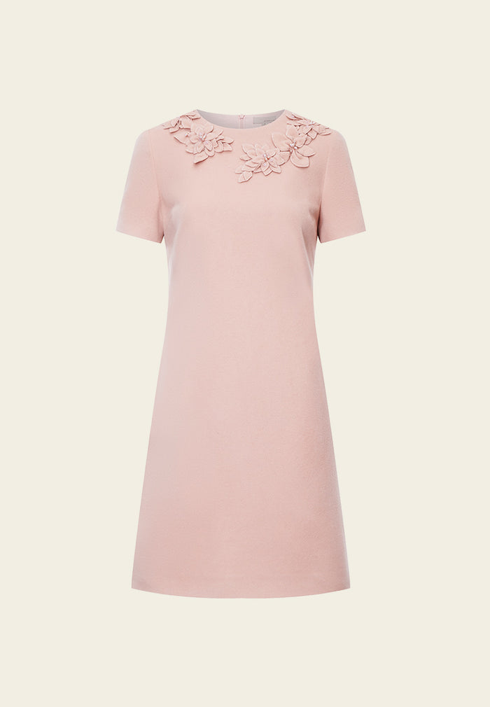Pink Embellished Wool Short Sleeves Dress - MOISELLE