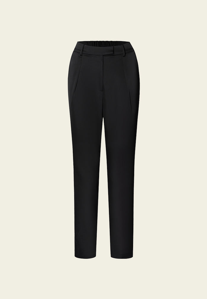 Black Sheen Straight-leg Tailored Pants with Elastic Back