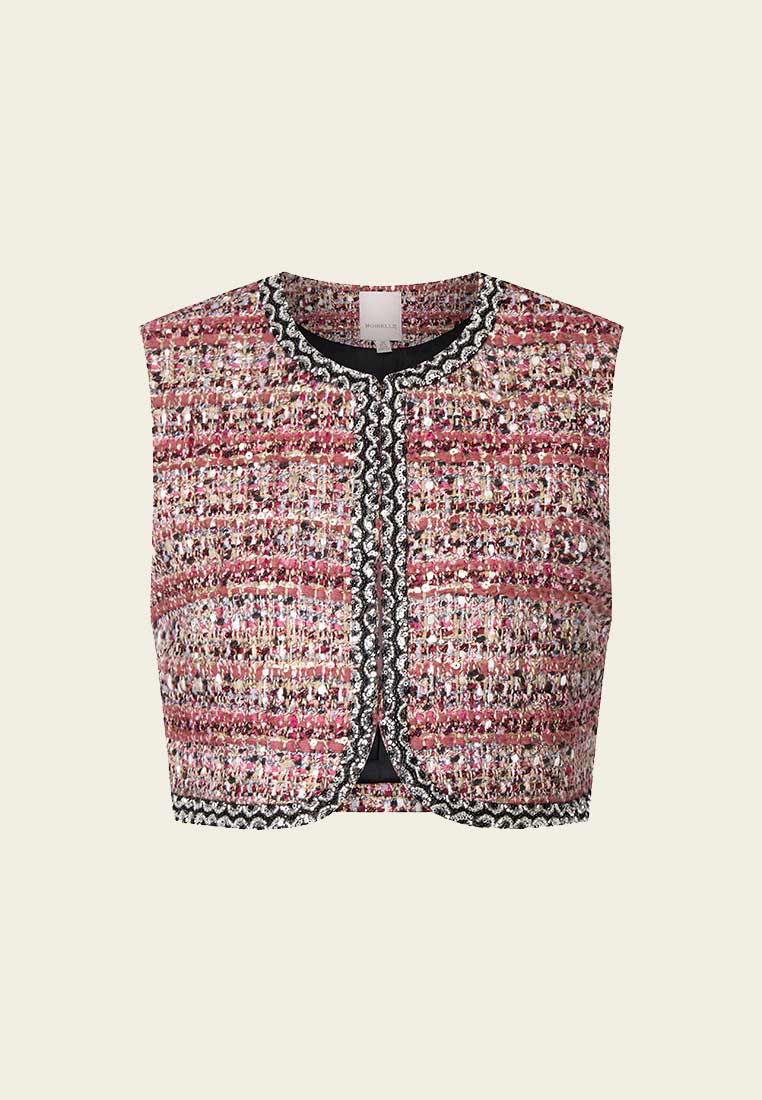 Red Cropped Sequins Detailing Tweed Vest