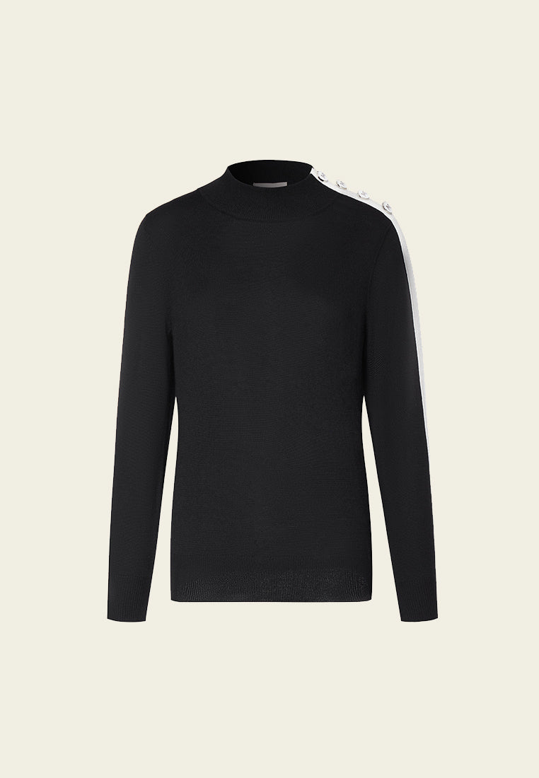 Black Wool High Neck Sweater with Buttons - MOISELLE