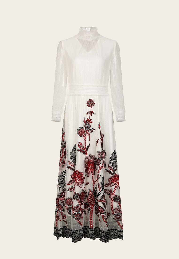 White Chiffon High Collar Floral Embroidered Evening Gown - MOISELLE
