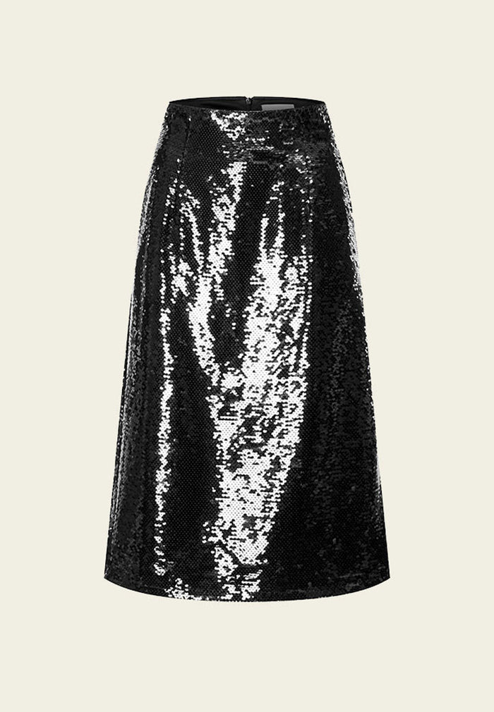 Black Sequin Knee Length Skirt