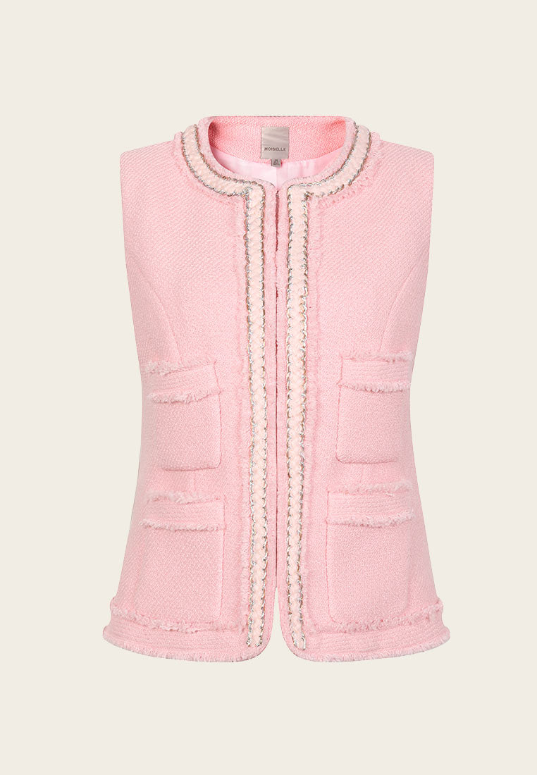 Pink Embellished Tweed Vest - MOISELLE