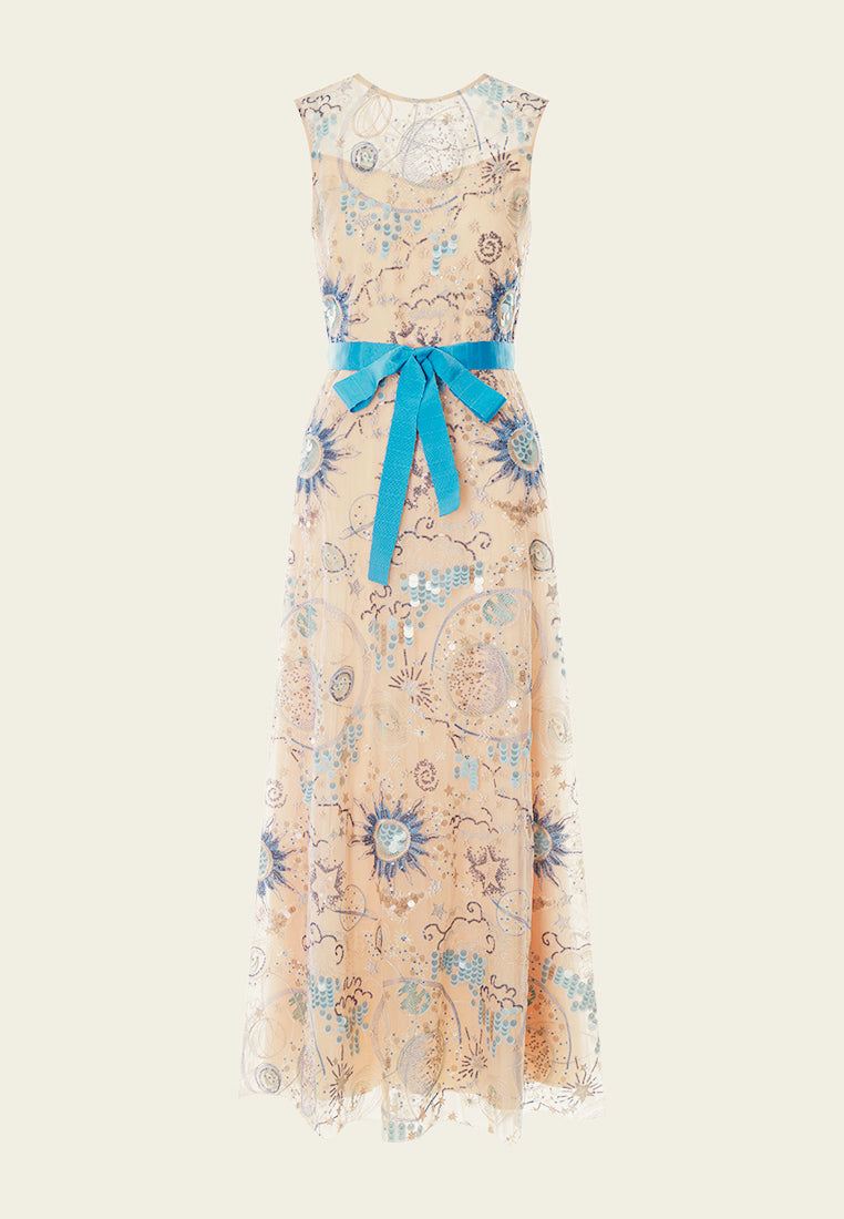 Beige Embroidered Sleeveless with Blue Ribbon Dress