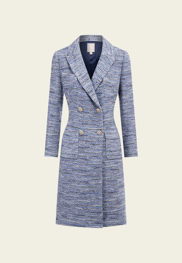 Mixed Blue Tweed Double-Breasted Long Coat - MOISELLE