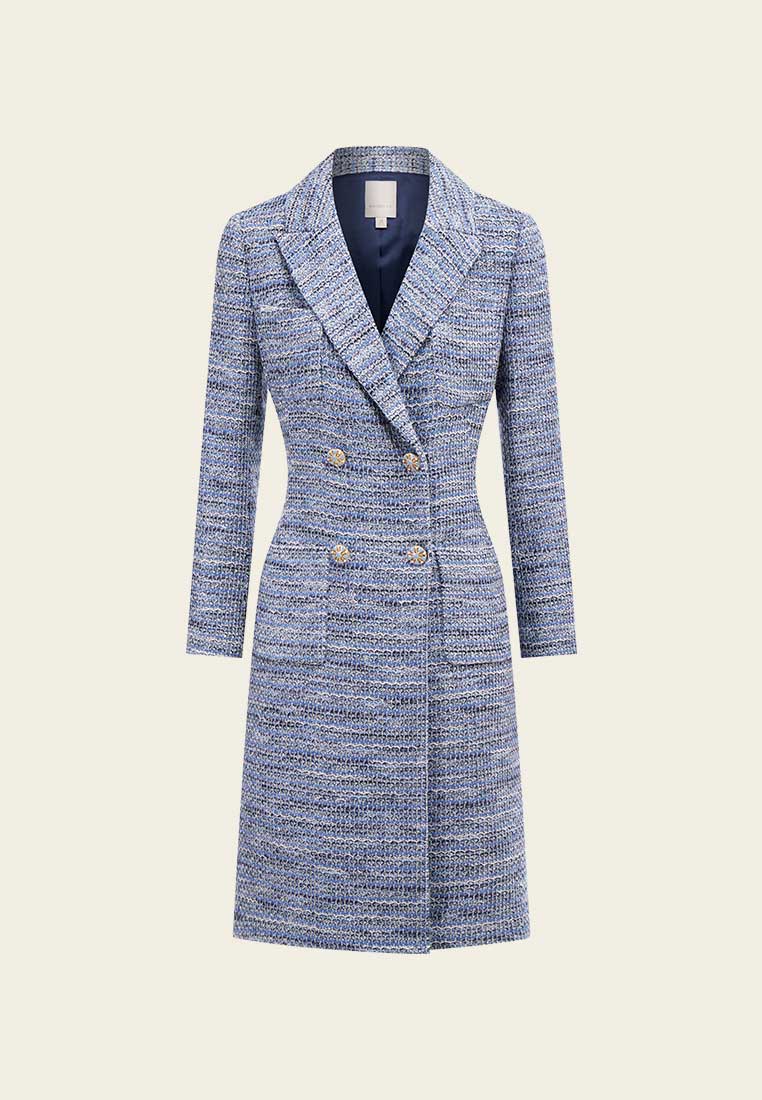 Mixed Blue Tweed Double-Breasted Long Coat - MOISELLE
