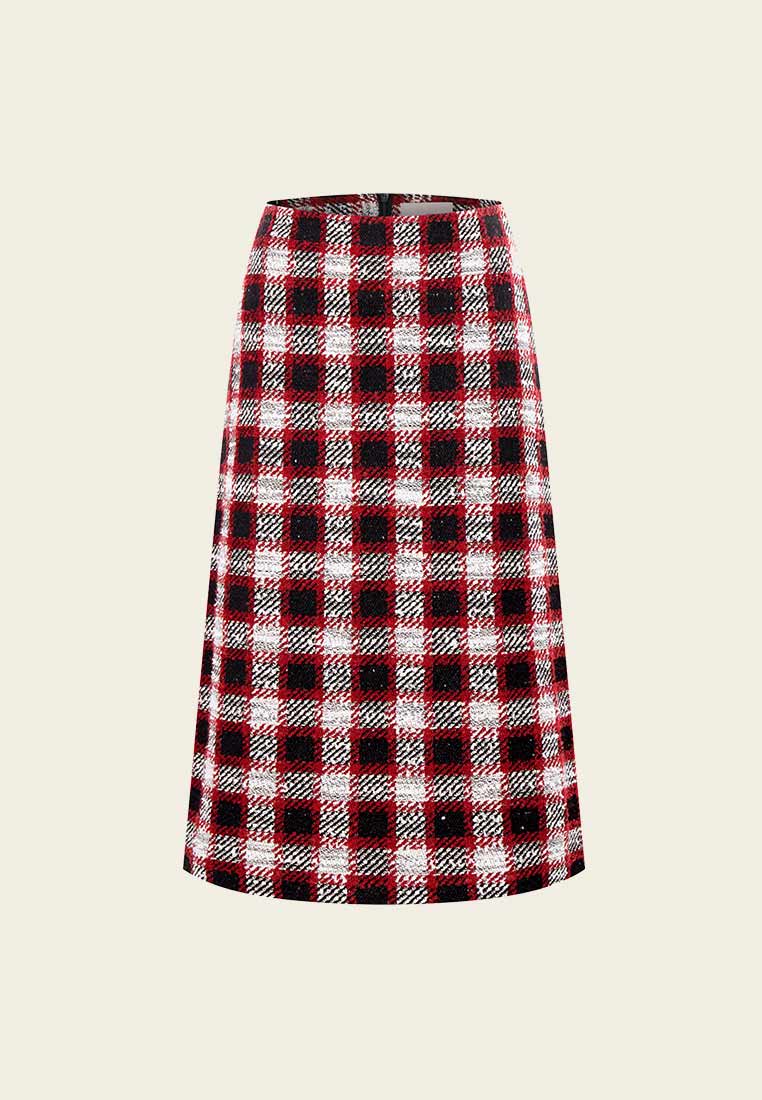 Red Plaid Tweed Midi Skirt - MOISELLE