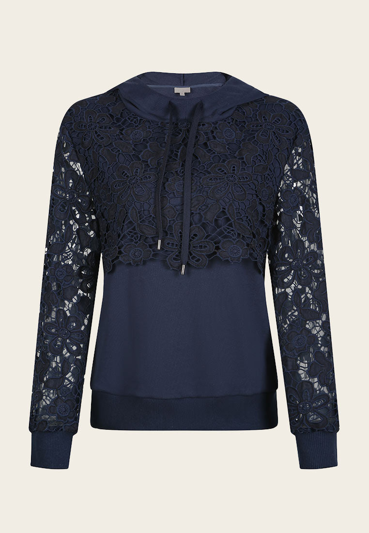 Elodie Navy Lace-embroidered Hoodie - MOISELLE