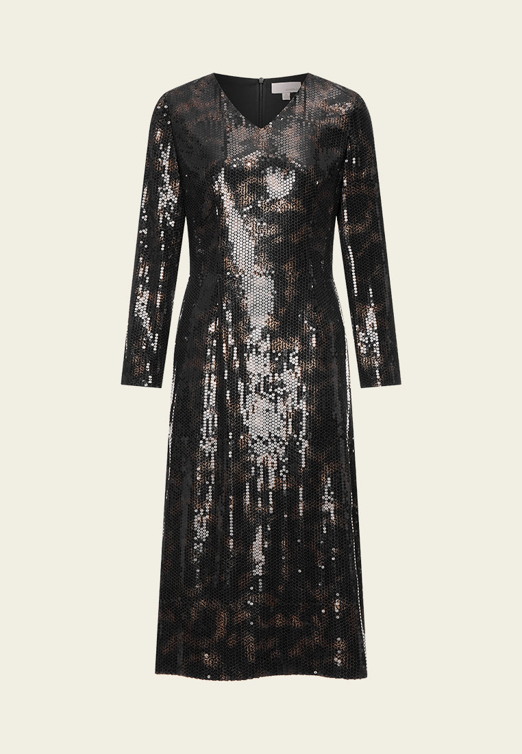 Black V-neck Sequin Long-sleeved Dress