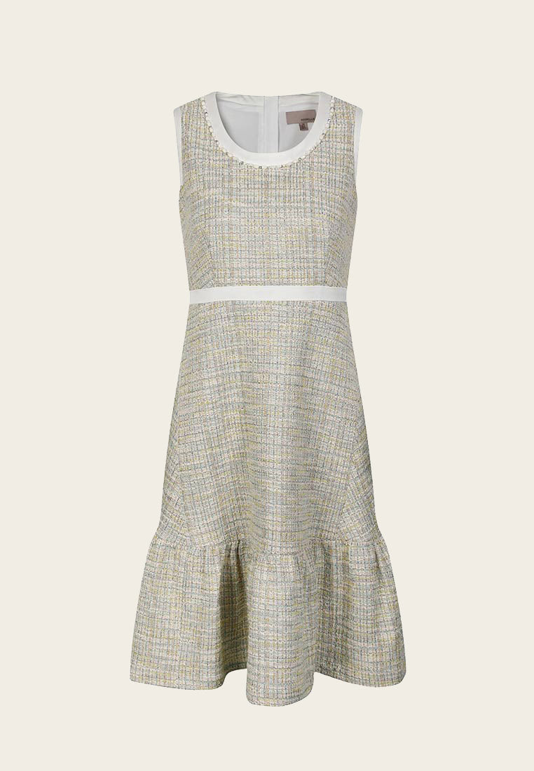 Ruffle-detailing White Lining Mix-green Tweed Dress - MOISELLE