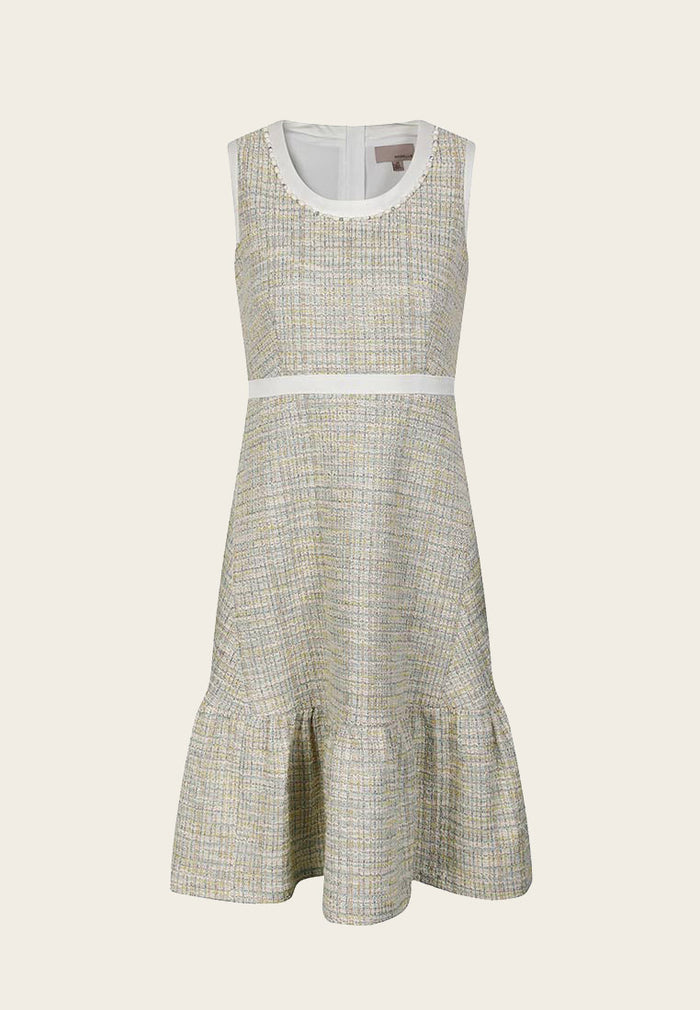 Ruffle-detailing White Lining Mix-green Tweed Dress - MOISELLE