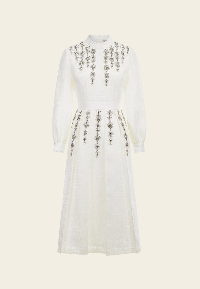 White Rhinestone Long-sleeved Evening Dress - MOISELLE