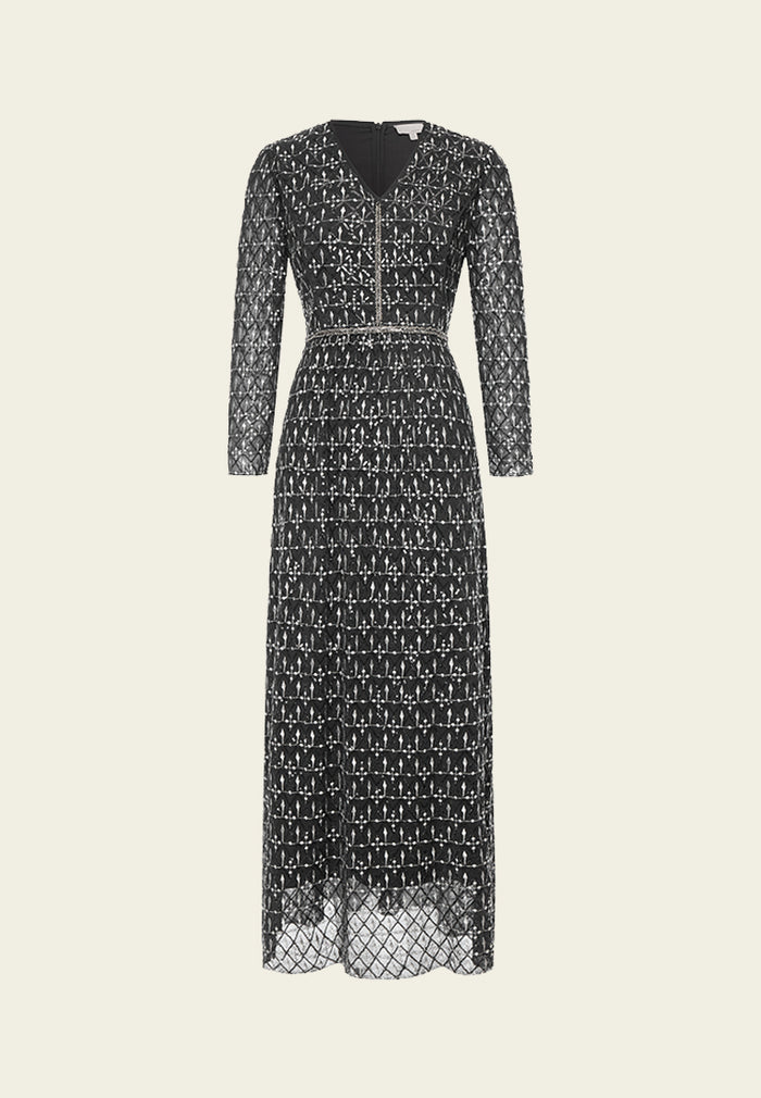 Black V-neck Embroidered Mesh Evening Dress