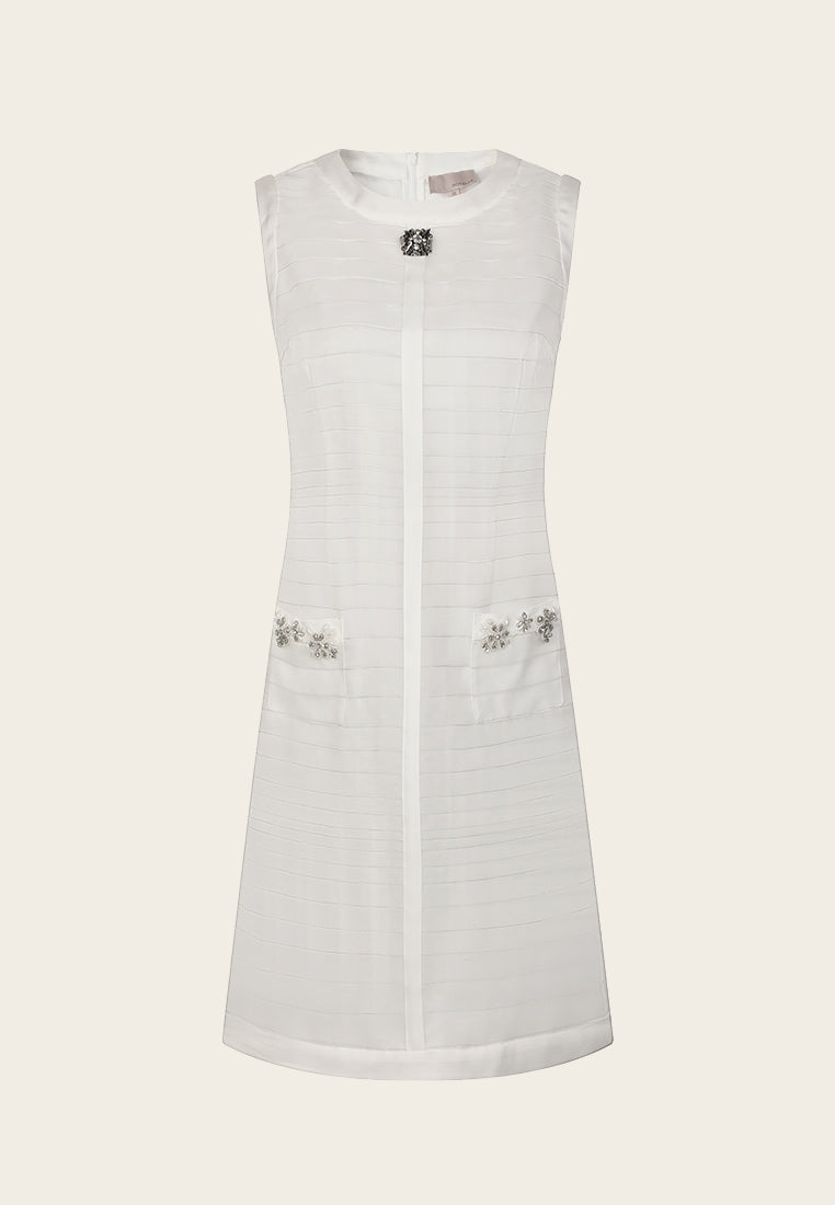 Rhinestone Embedded Buttons White Cocktail Dress - MOISELLE