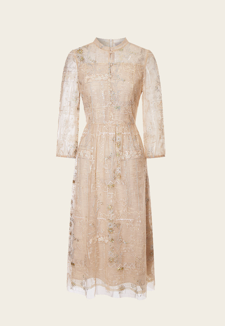 Beige Embroidered Sequin-detailing Mesh Dinner Dress - MOISELLE