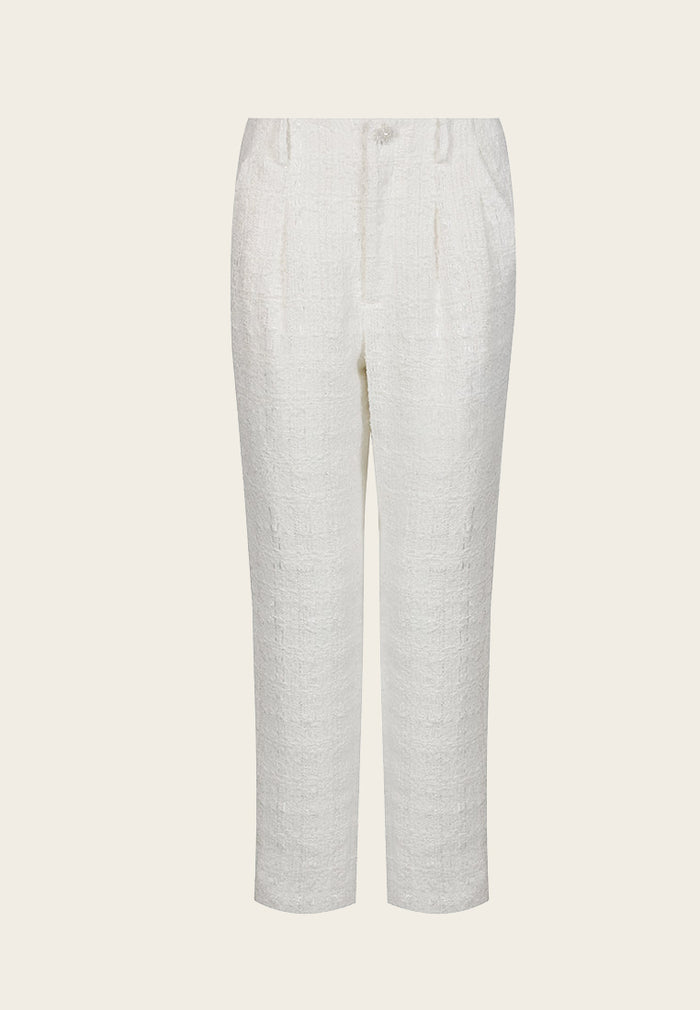 White Tweed Ankle-length Straight-leg Pants - MOISELLE
