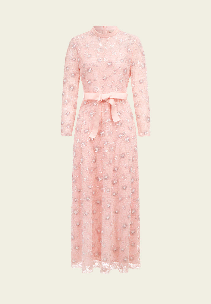 Pink Embroidered Lace Long-sleeved Dinner Dress