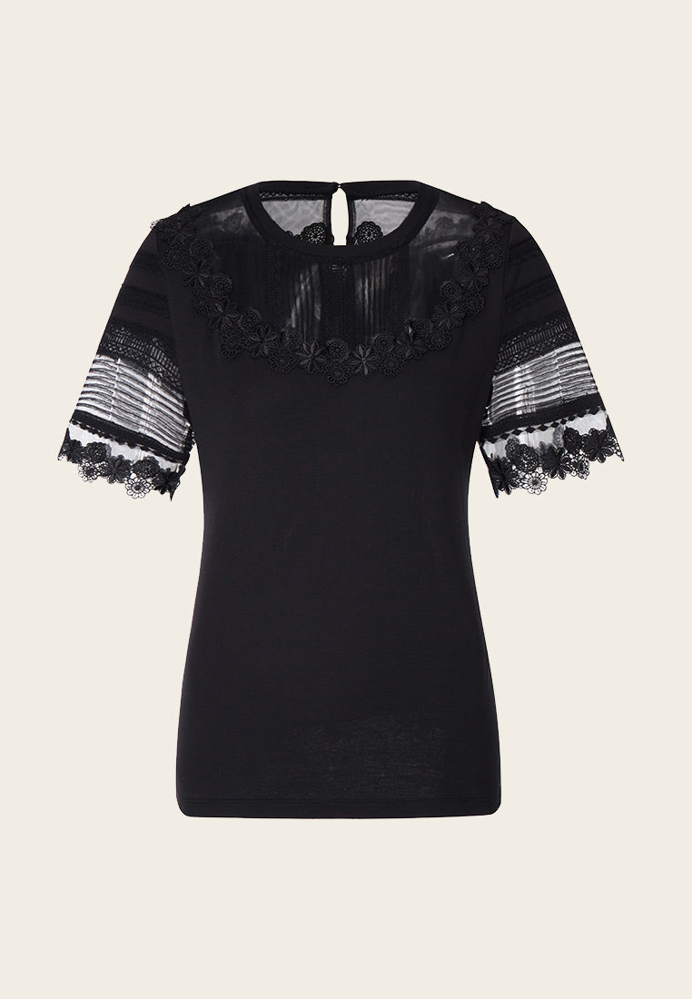 Mesh Mix Lace Detailing Black T-shirt - MOISELLE