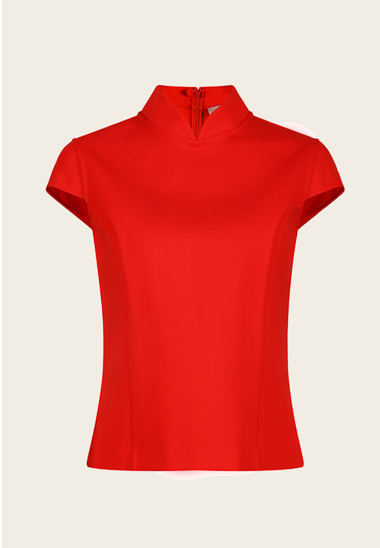 Red Mandarin Collar Cap Sleeve Top - MOISELLE