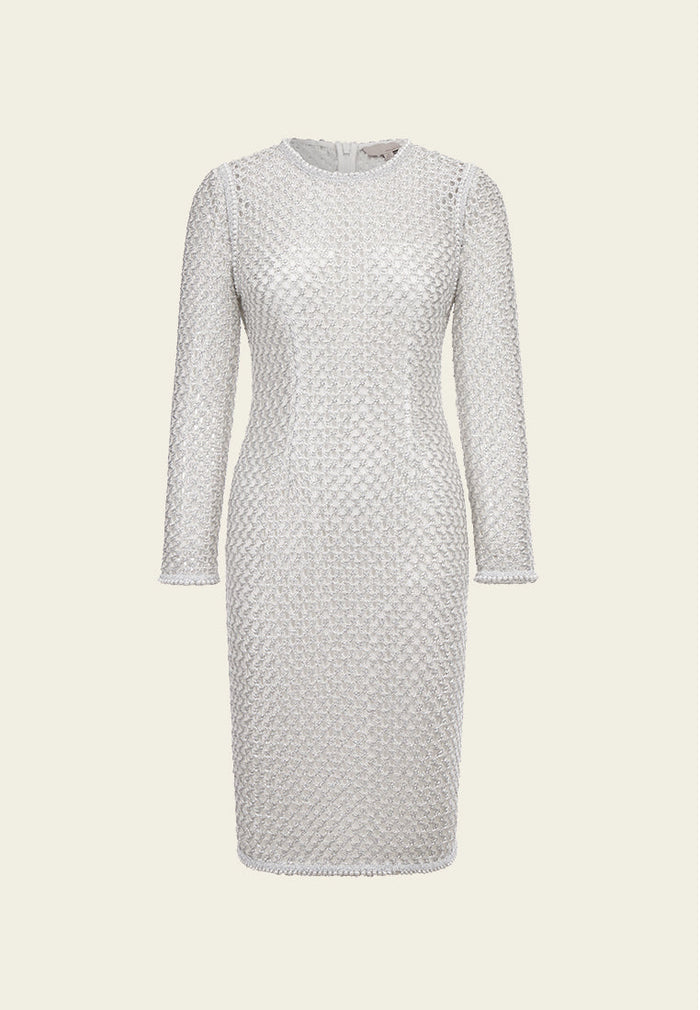 Elegant Silver Lace Long-sleeved Midi Dress