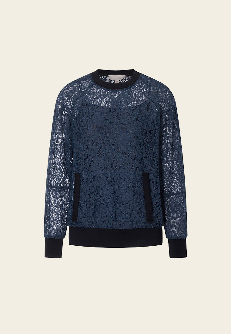 Blue Lace Sweatshirt with Pockets - MOISELLE