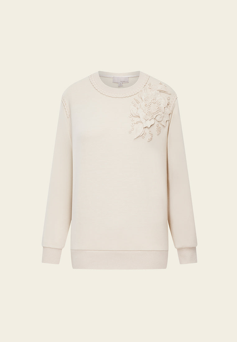 Beige Embellished Cotton/Cashmere Sweatshirt - MOISELLE