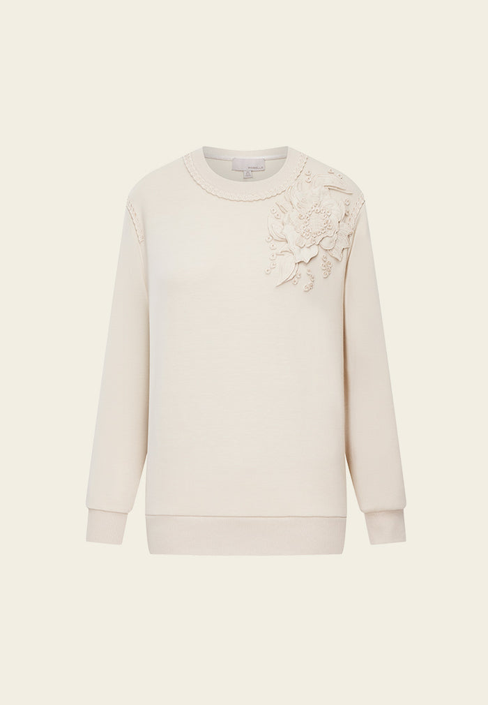 Beige Embellished Cotton/Cashmere Sweatshirt - MOISELLE