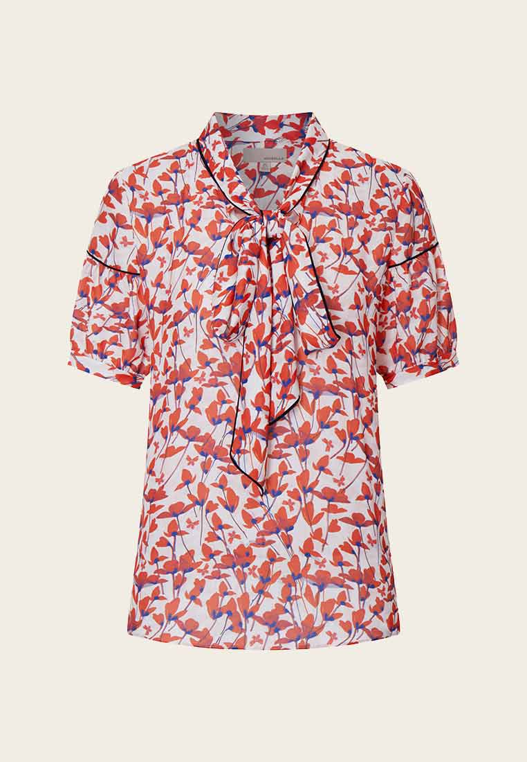 Pussy-bow Puff Sleeve Floral Pattern Mid-sleeve Blouse - MOISELLE