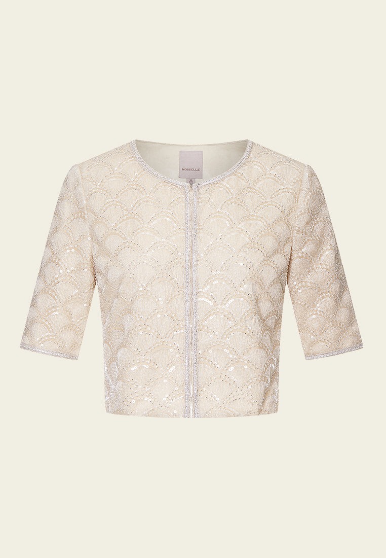 Beige Embroidered Mesh Mid-sleeves Crop Jacket