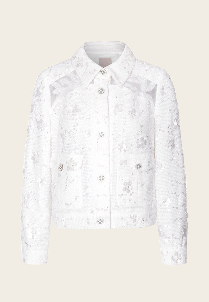 Lapel White Tweed Sequin and Bead Detailing Jacket - MOISELLE