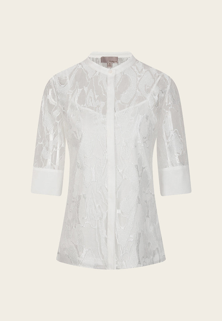 White Jacquard Lace Mid Sleeve See-through Shirt - MOISELLE