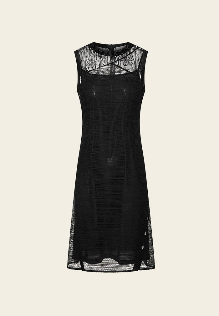 Patched Mesh And Lace Bead Detail Cocktail Dress - MOISELLE
