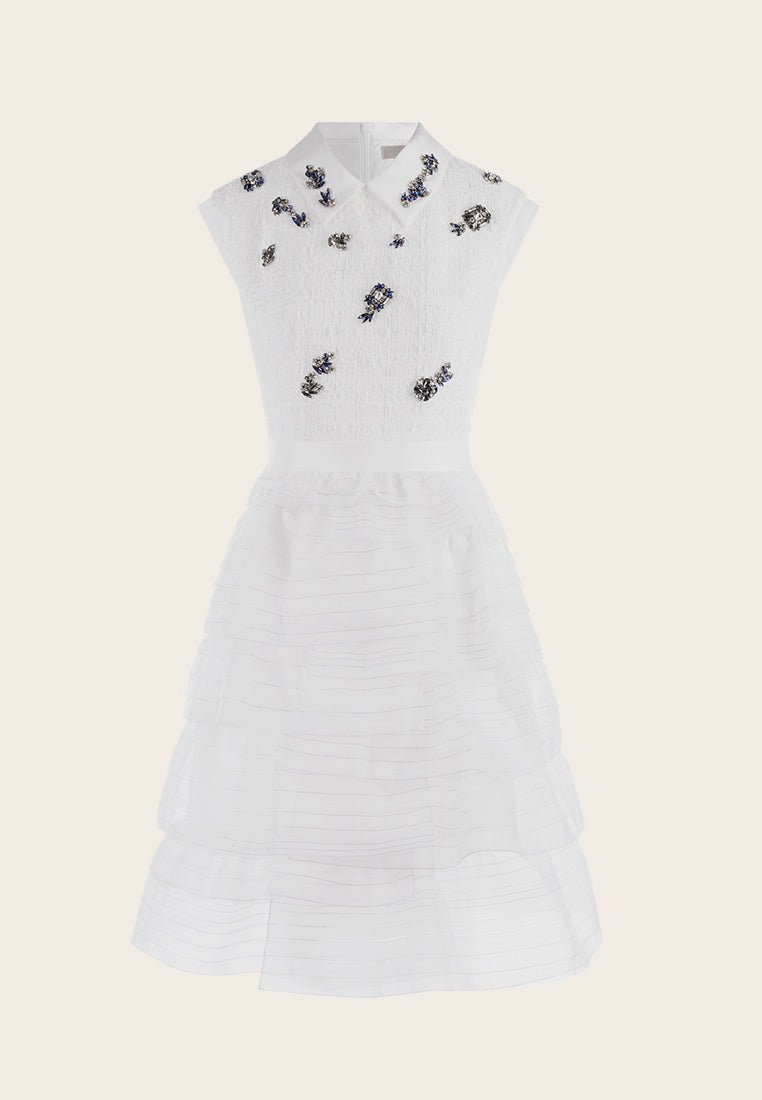 Rhinestone Embellished Tweed Organza-detailing Cocktail Dress - MOISELLE