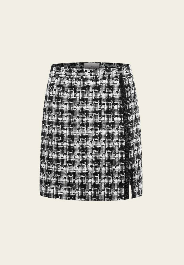 Tweed Plaid Pattern Slit Skirt - MOISELLE