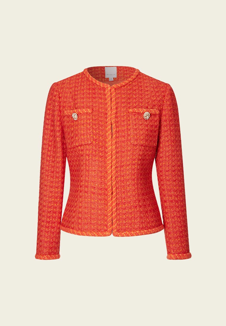 Orange Golden Button Embellished Tweed Jacket - MOISELLE