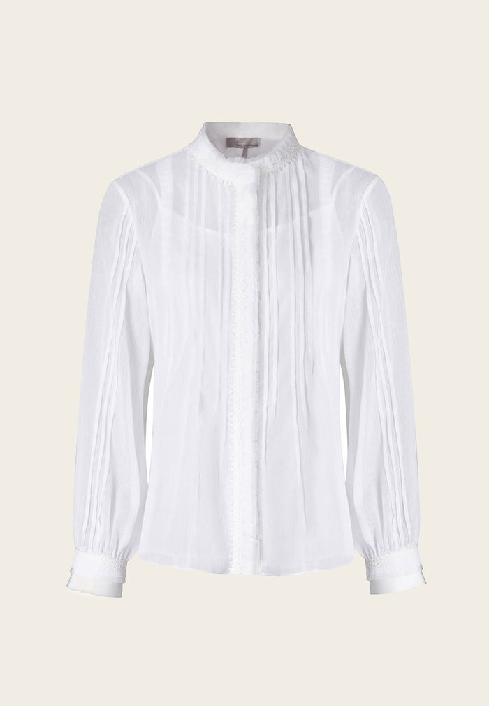 Pleat-detailing White Sheer Long Sleeve Shirt - MOISELLE